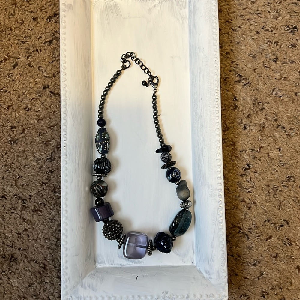 Beaded Necklace Chunky Glass Beads Blue with Silver Accent Pieces 21 Inches
